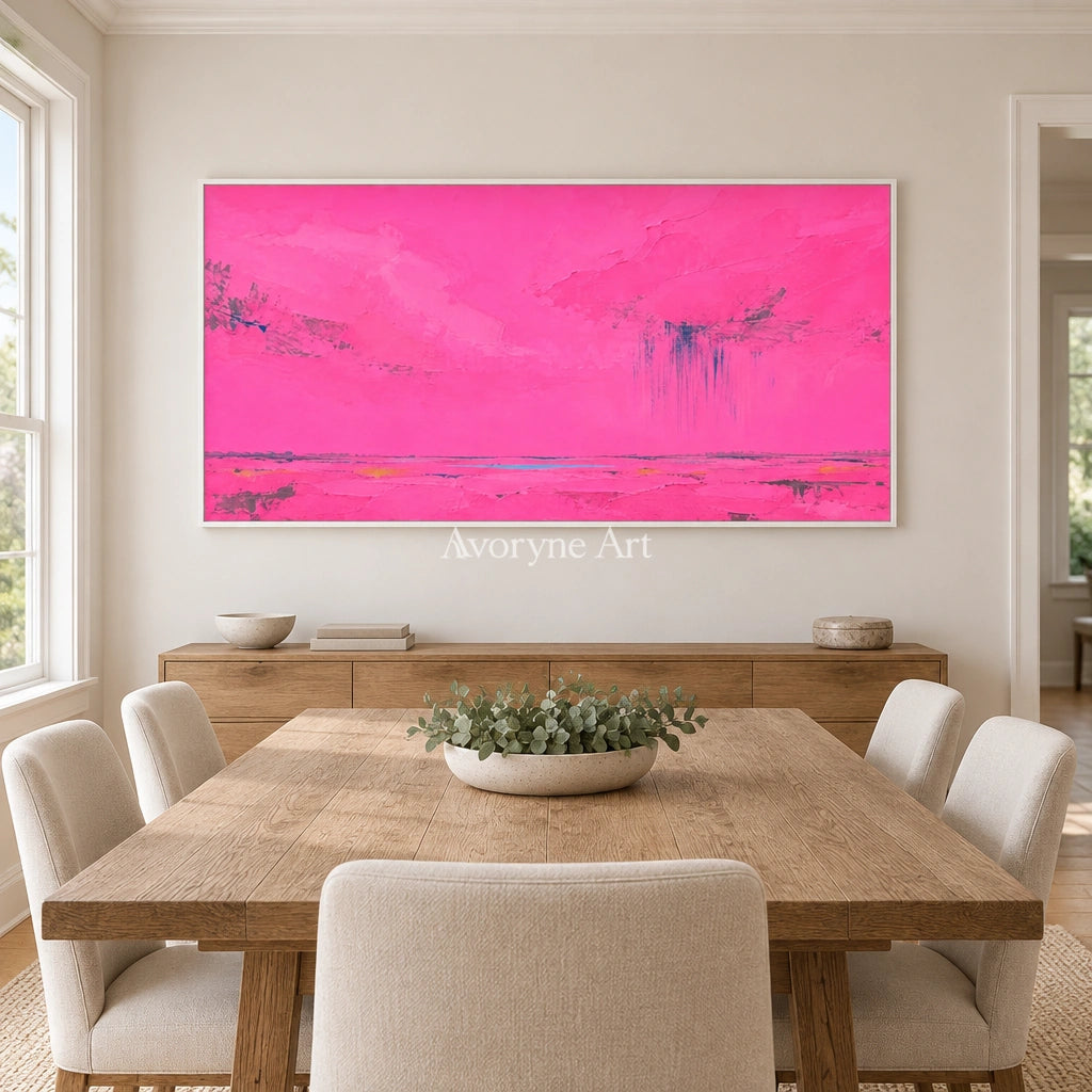 Still Horizon color block landscape wall art with a white frame in a dining room