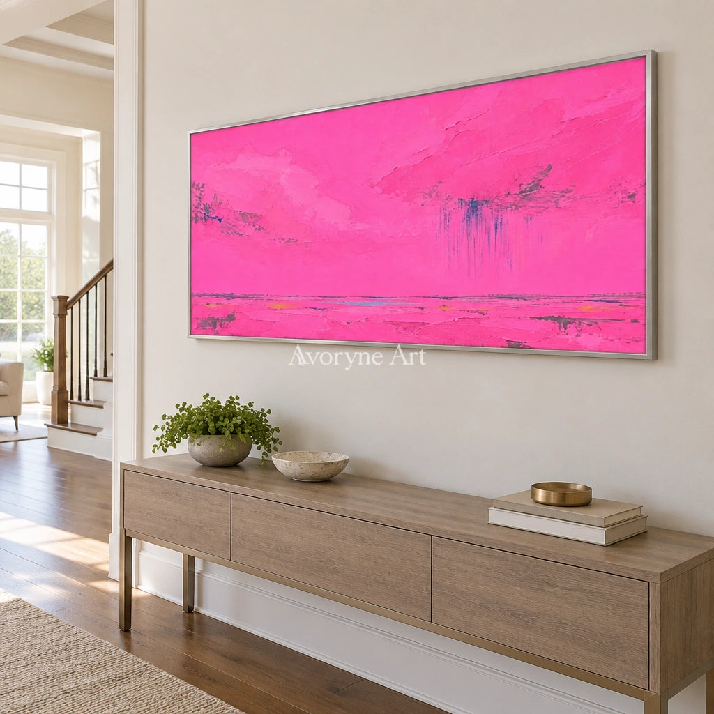 Still Horizon color block landscape wall art with a silver frame in an entryway
