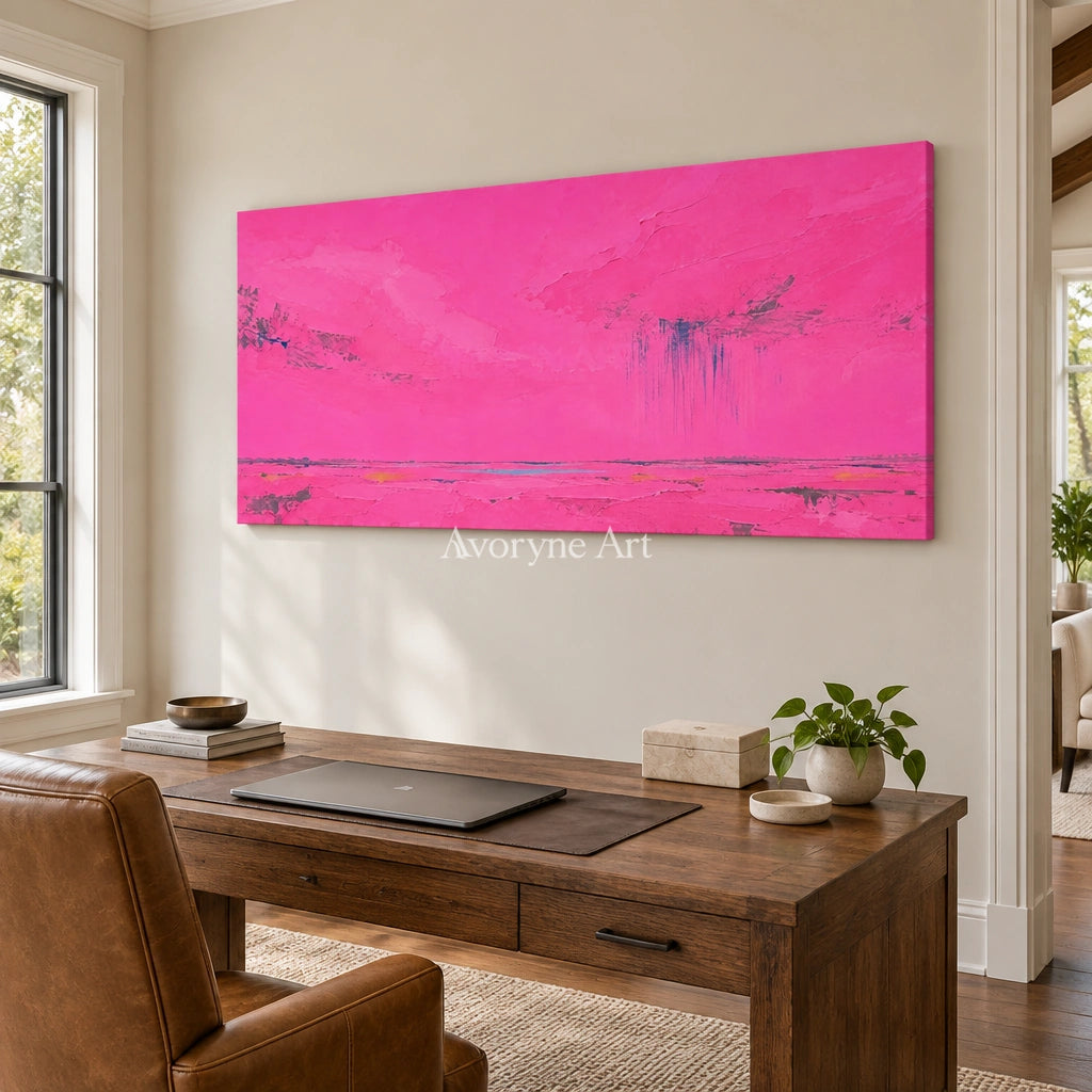 Still Horizon color block landscape wall art as a frameless stretched canvas in a home office