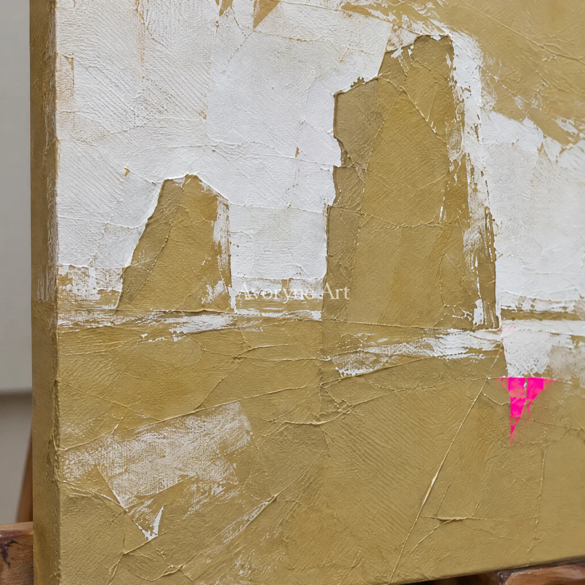 Close-up of the hand-painted texture of Still Mosaic color block landscape wall art on an easel