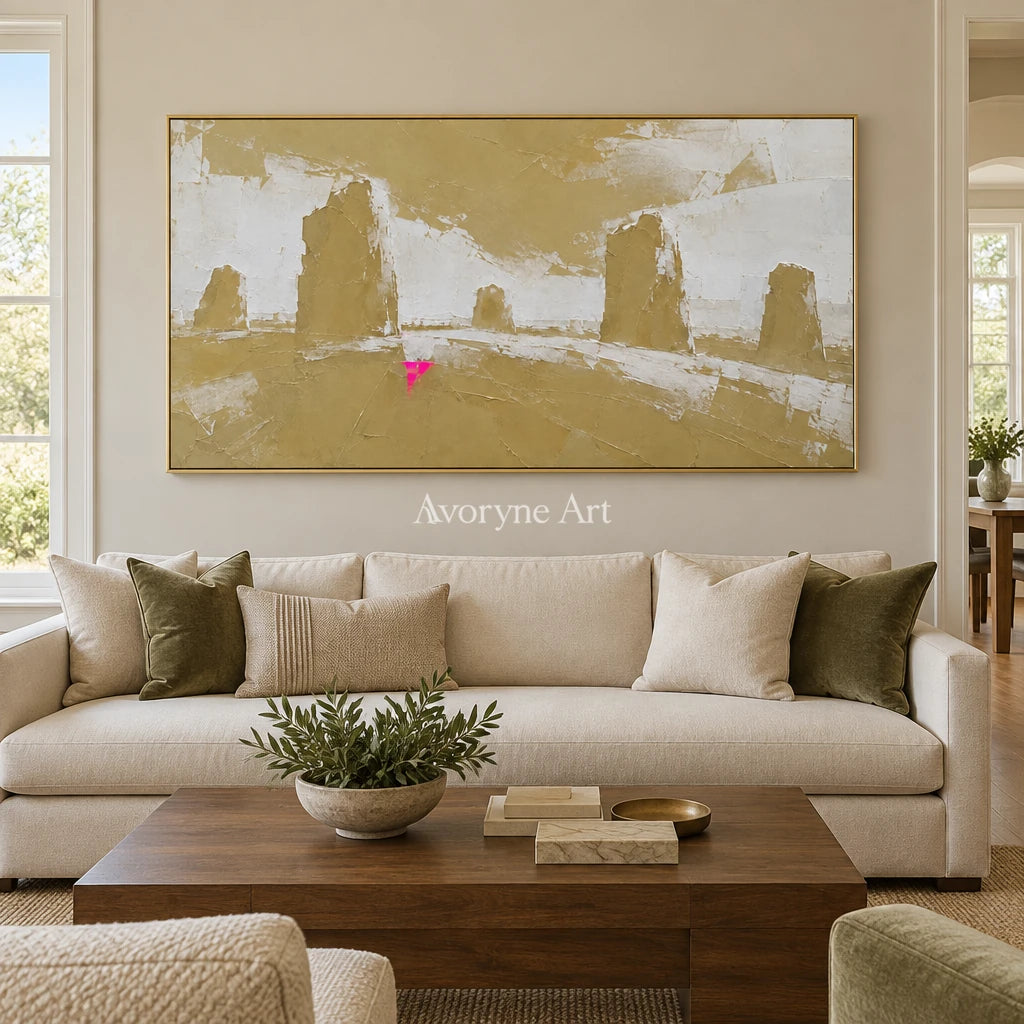 Still Mosaic color block landscape wall art with a gold frame hanging in a living room