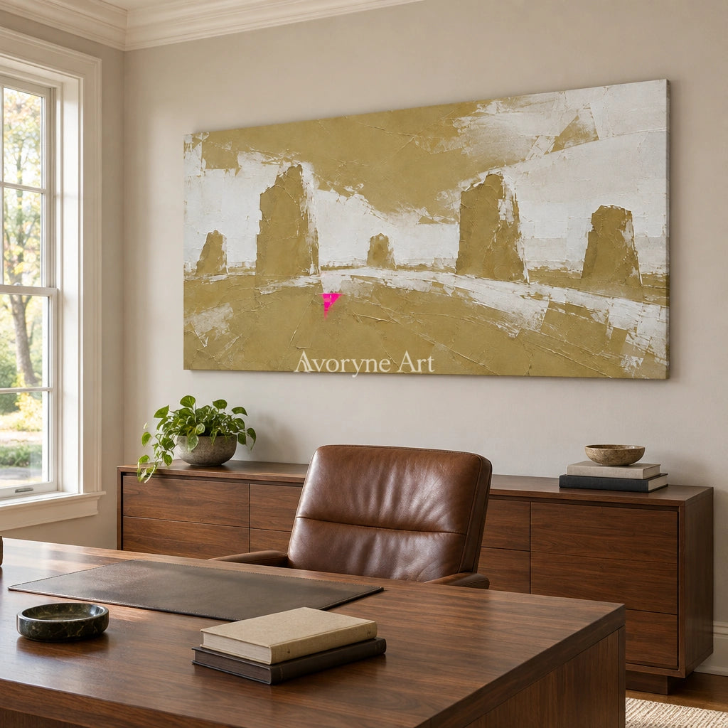 Still Mosaic color block landscape wall art as a frameless stretched canvas in a home office