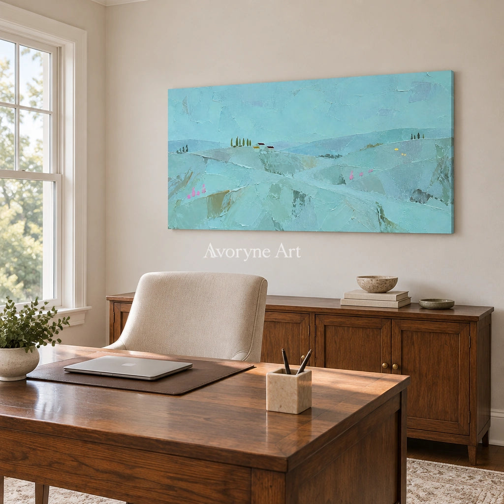 Still Story color block landscape wall art as a frameless stretched canvas in a home office