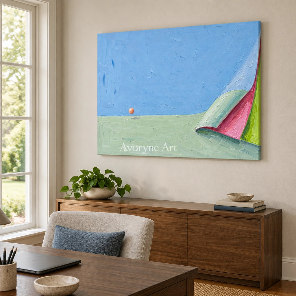 Still Vista color block landscape wall art as a frameless stretched canvas in a home office