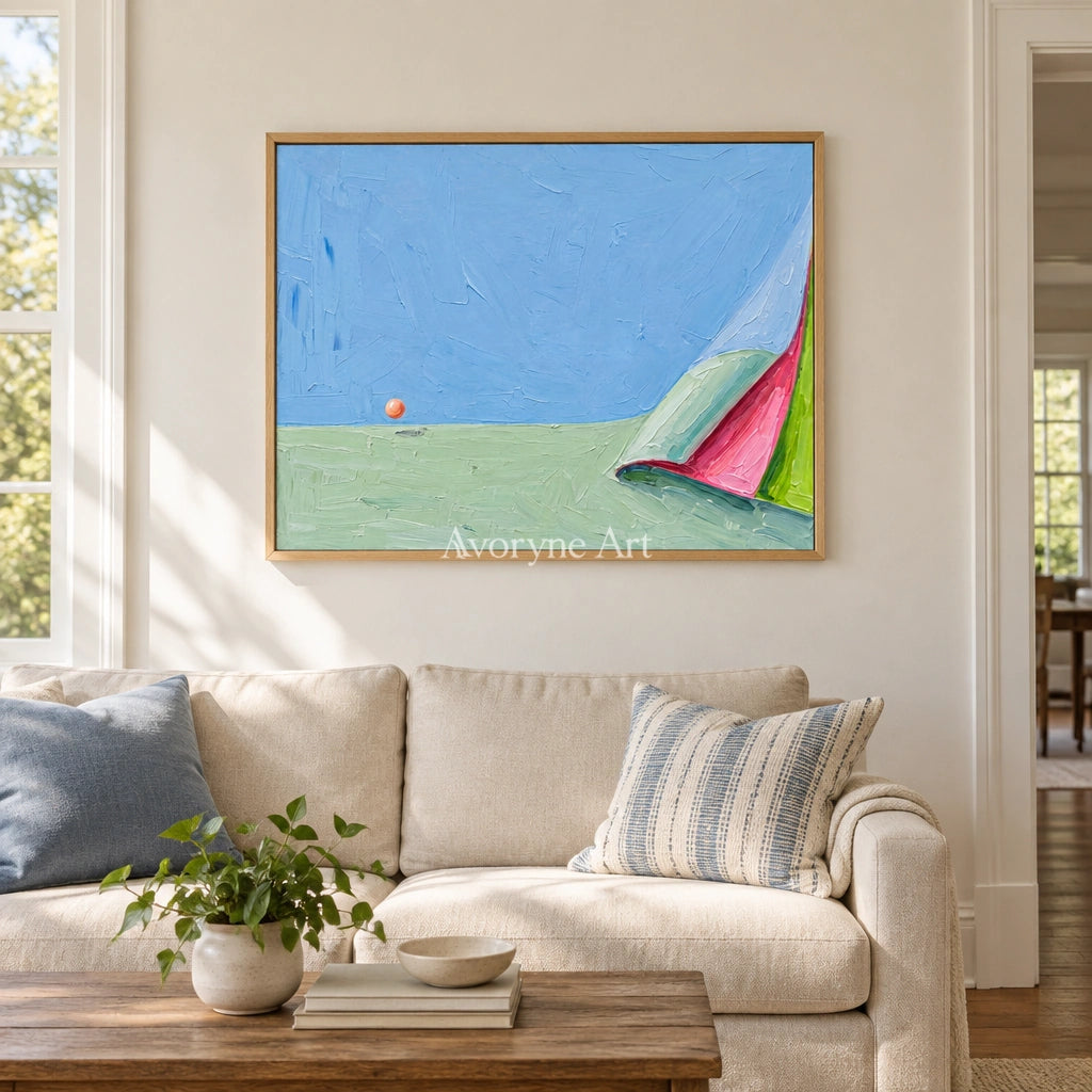 Still Vista color block landscape wall art with a wood frame in a villa living space