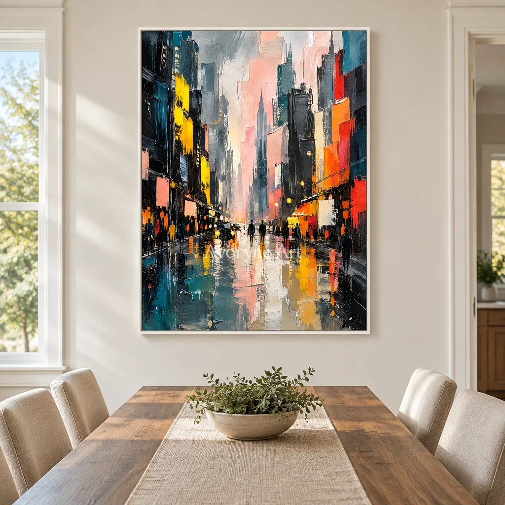 Rainlit Avenue: Colorful Cityscape Wall Art — dining white