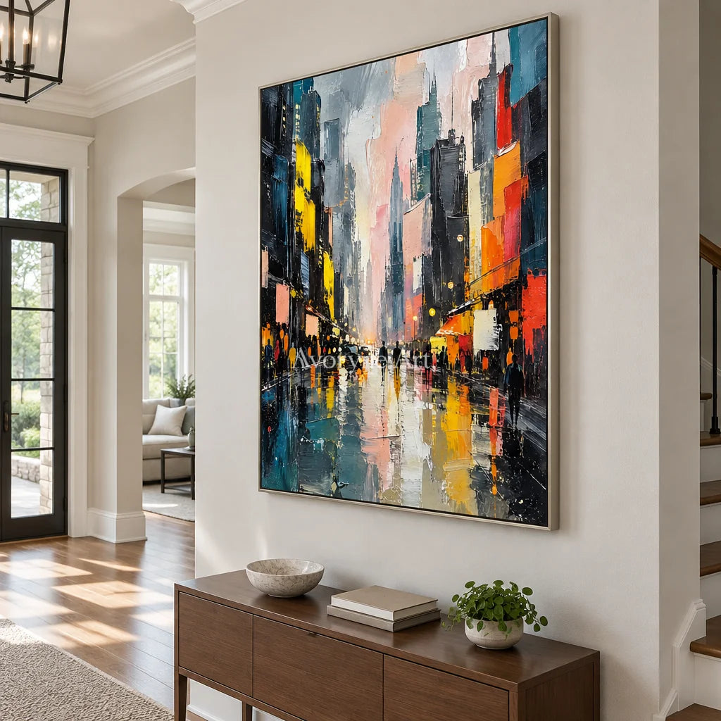 Rainlit Avenue: Colorful Cityscape Wall Art — entry silver