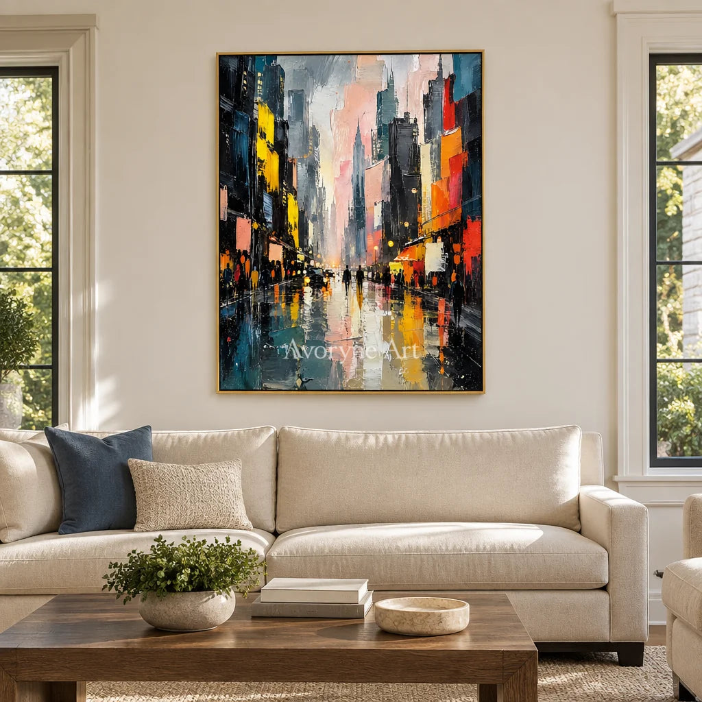 Rainlit Avenue: Colorful Cityscape Wall Art — living gold
