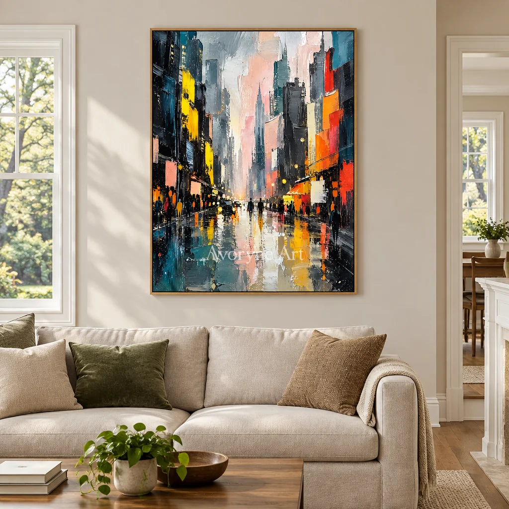 Rainlit Avenue: Colorful Cityscape Wall Art — villa wood