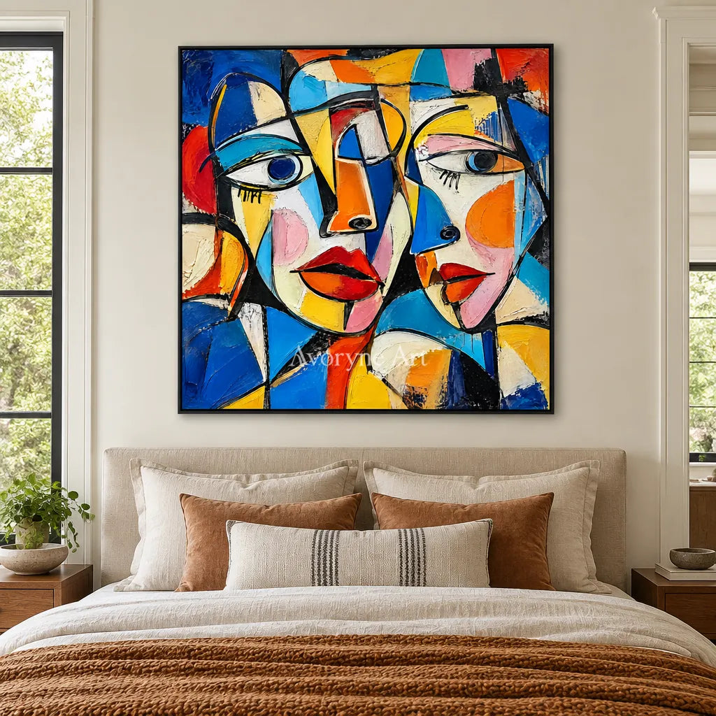 Chromatic Chorus: Colorful Cubist Faces Wall Art — bedroom black