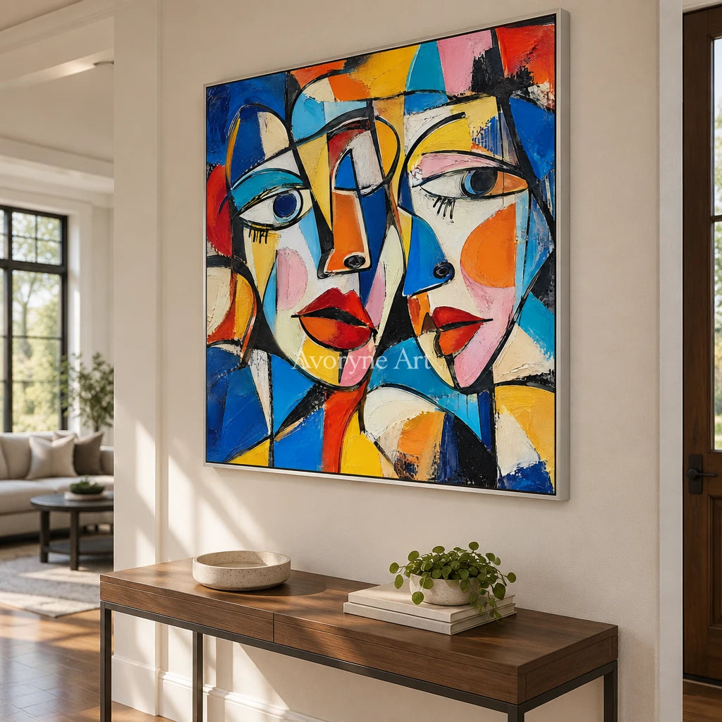 Chromatic Chorus: Colorful Cubist Faces Wall Art — entry silver