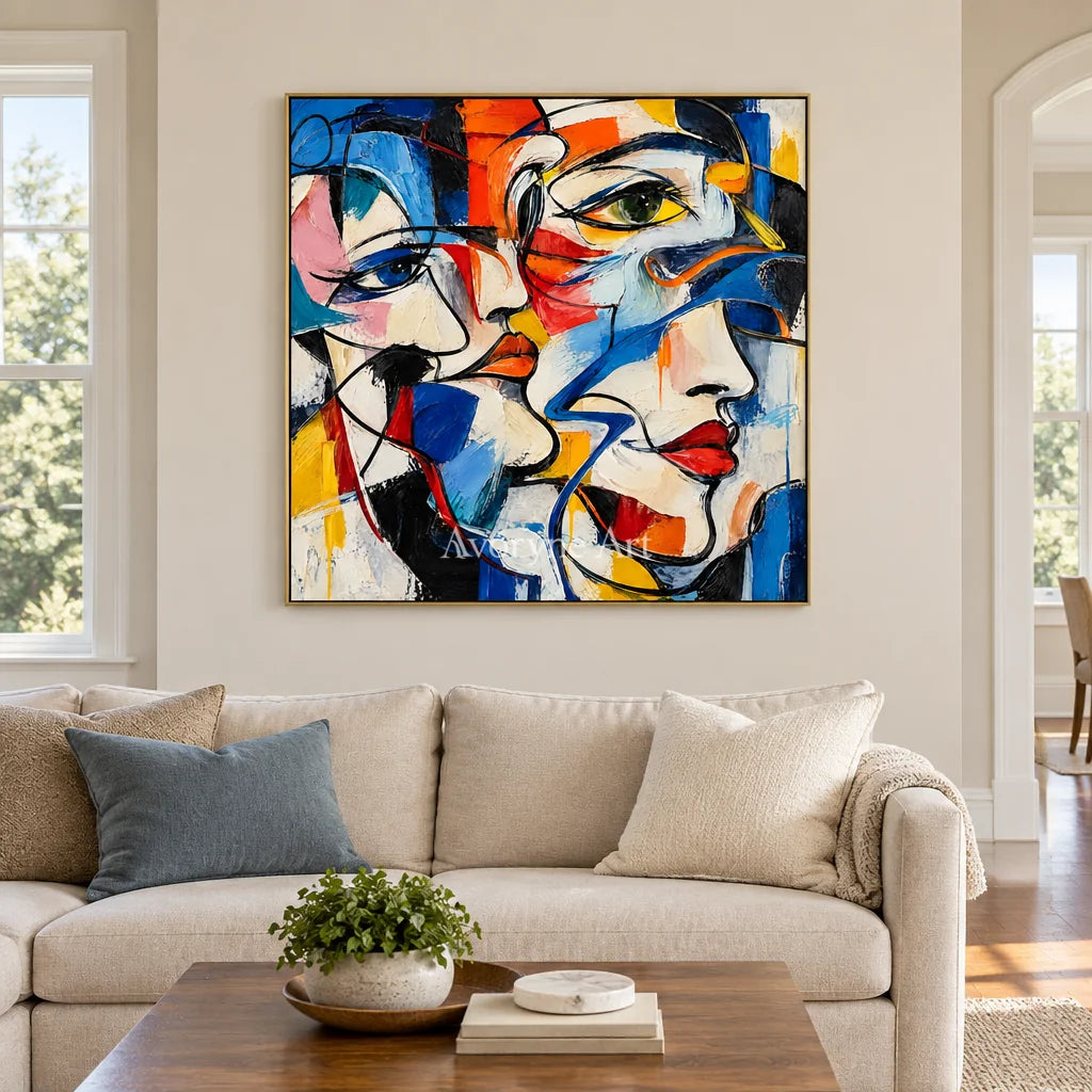 Converging Faces: Colorful Cubist Portrait Wall Art — living gold
