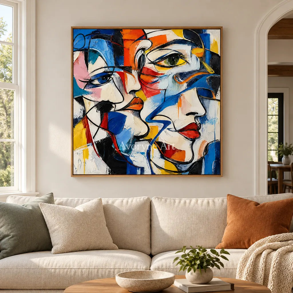 Converging Faces: Colorful Cubist Portrait Wall Art — villa wood