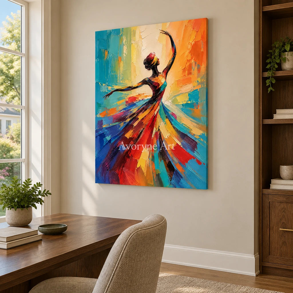Saffron Twirl: Colorful Dancer Portrait Wall Art — office frameless