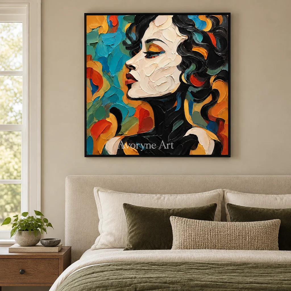 Azure Reverie: Colorful Female Portrait Wall Art — bedroom black