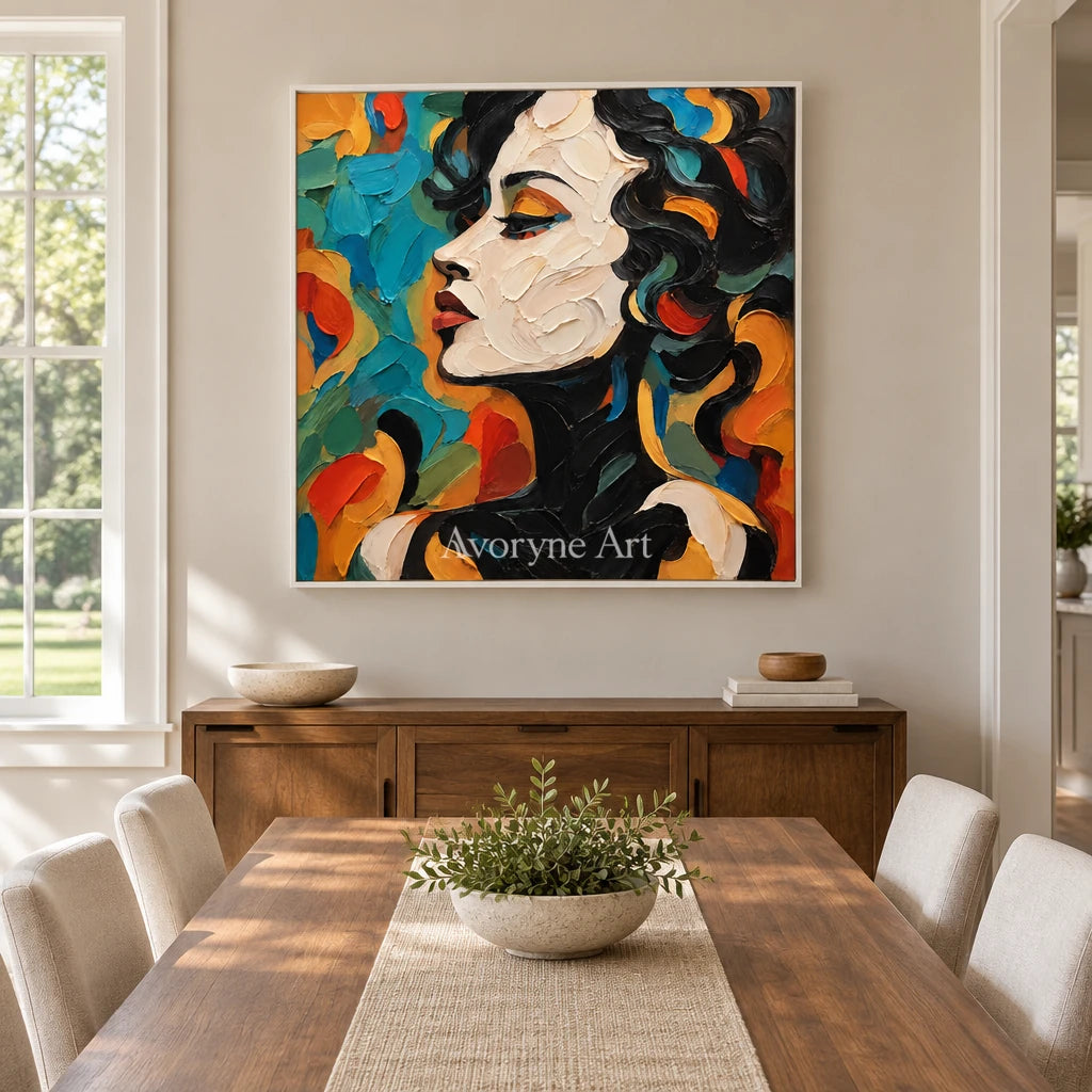 Azure Reverie: Colorful Female Portrait Wall Art — dining white
