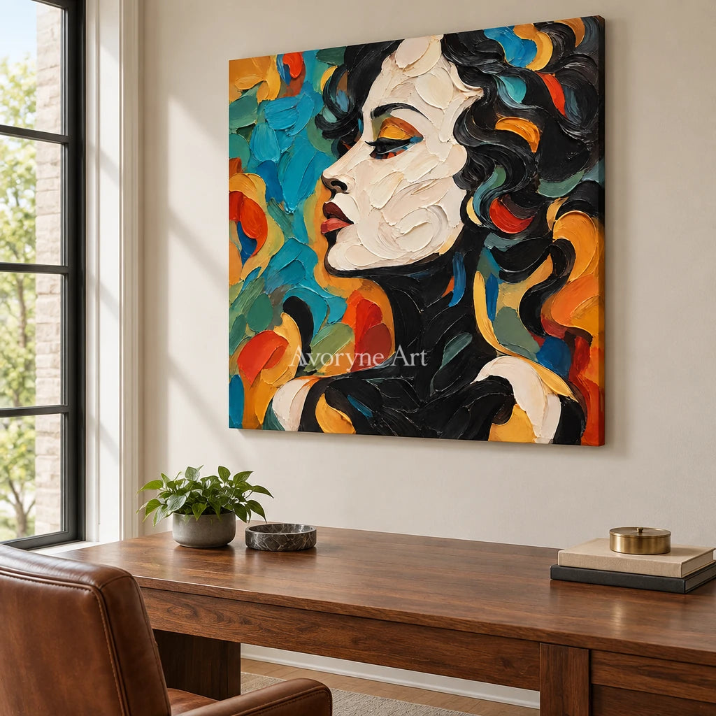 Azure Reverie: Colorful Female Portrait Wall Art — office frameless