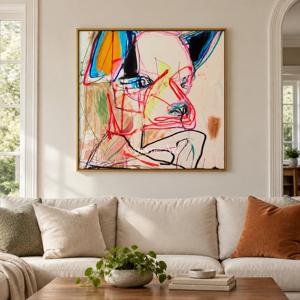Restful Cadence colorful figure wall art with a gold frame hanging in a living room