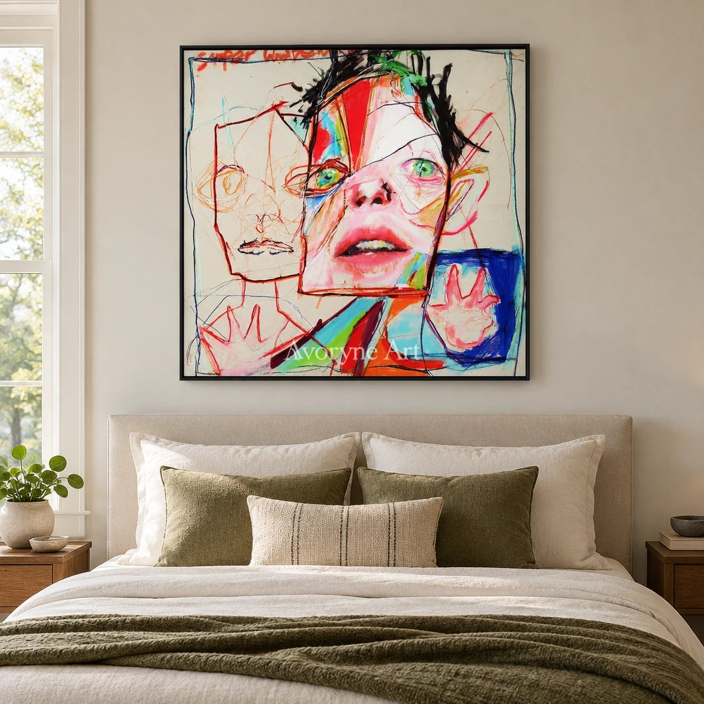 Restful Passage colorful figure wall art with a black frame above a bed in a bedroom