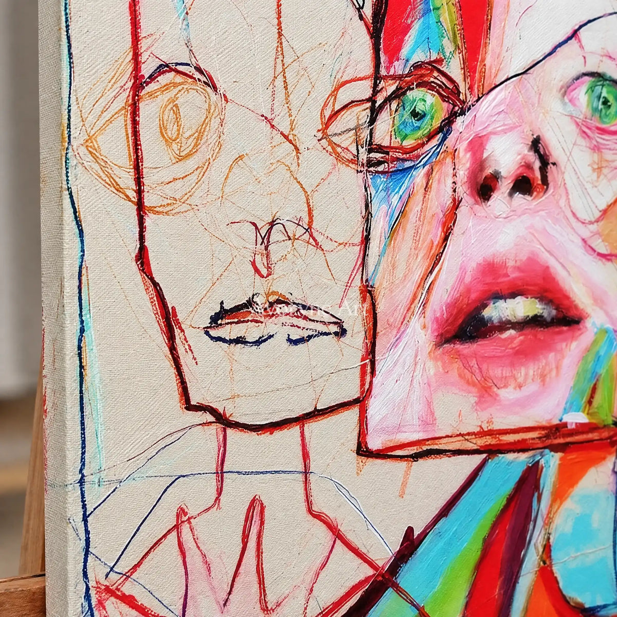 Close-up of the hand-painted texture of Restful Passage colorful figure wall art on an easel