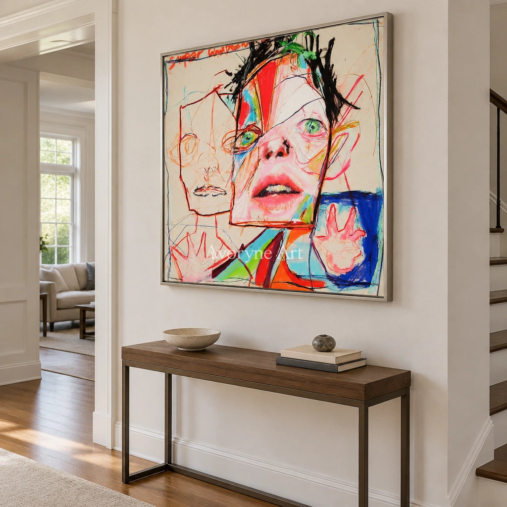 Restful Passage colorful figure wall art with a silver frame in an entryway
