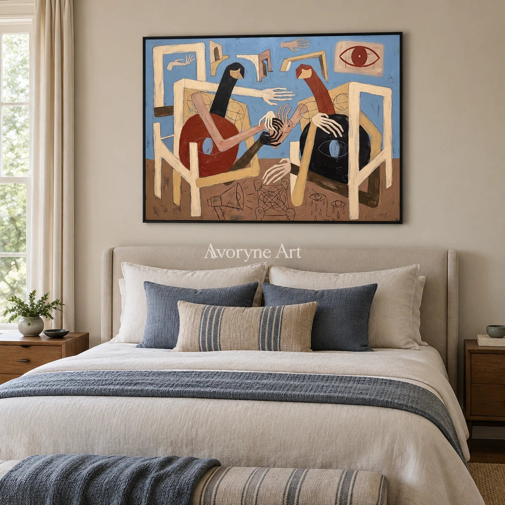 Faint Drift colorful figure wall art with a black frame above a bed in a bedroom