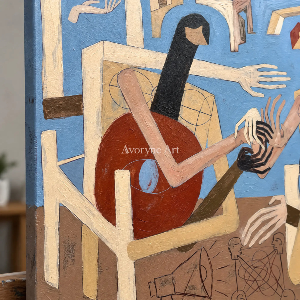 Close-up of the hand-painted texture of Faint Drift colorful figure wall art on an easel