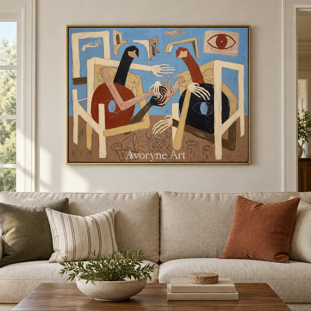 Faint Drift colorful figure wall art with a gold frame hanging in a living room