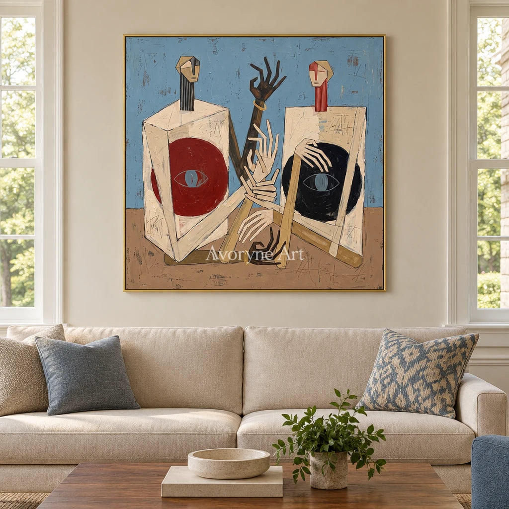 Faint Verse colorful figure wall art with a gold frame hanging in a living room