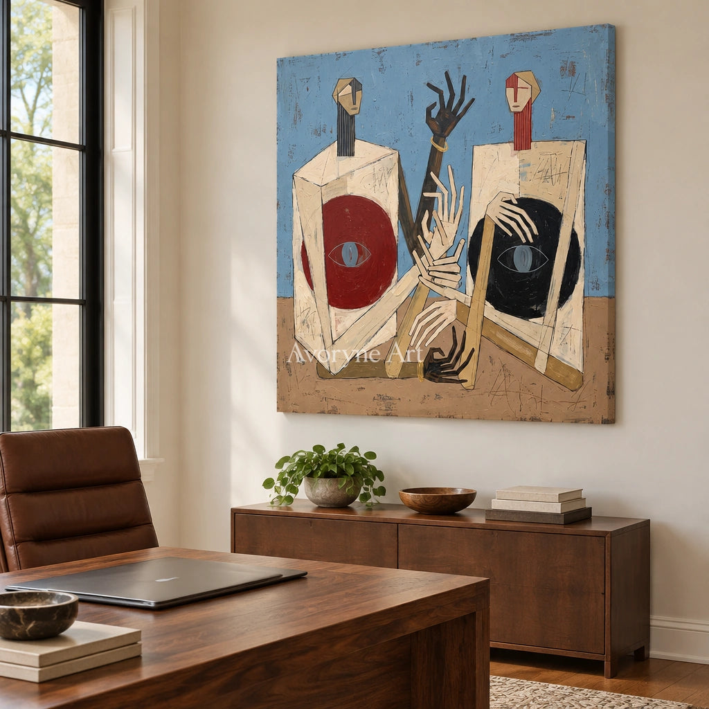 Faint Verse colorful figure wall art as a frameless stretched canvas in a home office