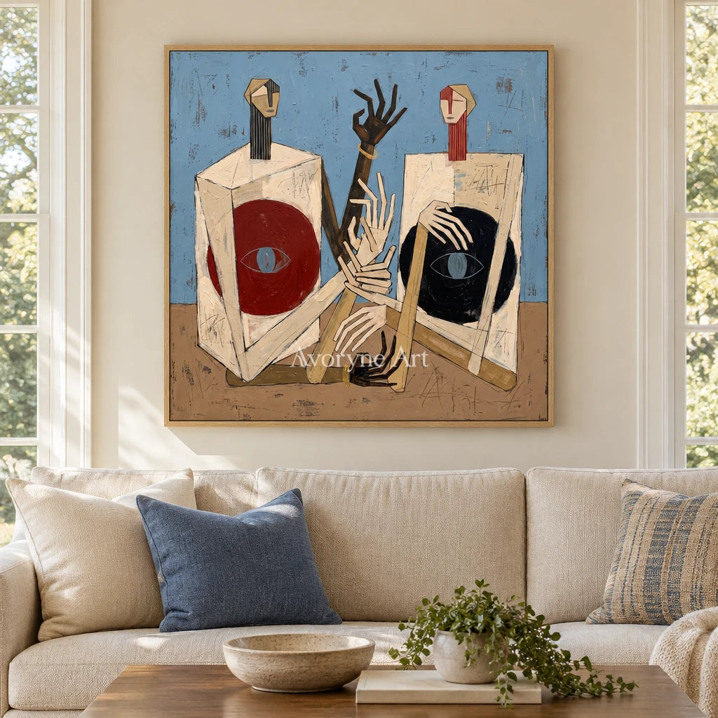 Faint Verse colorful figure wall art with a wood frame in a villa living space