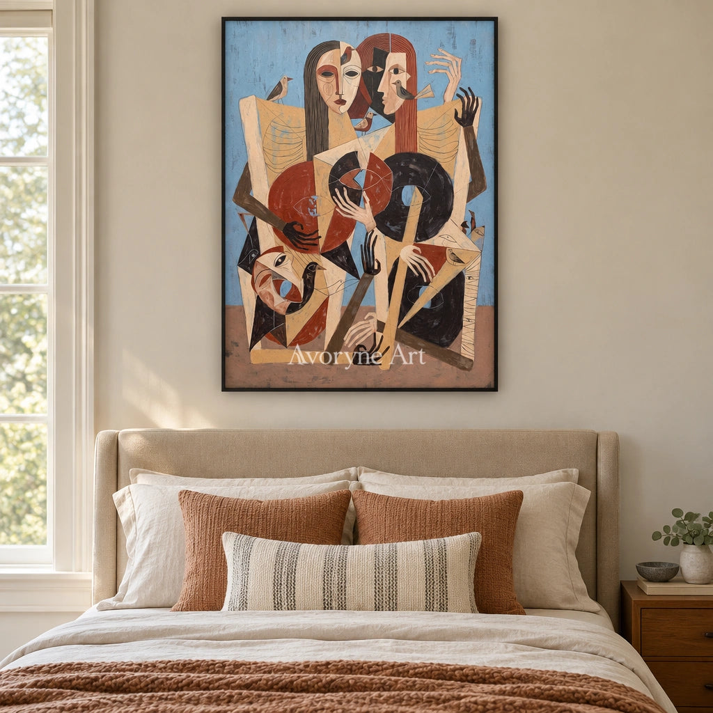 Faint Memory colorful figure wall art with a black frame above a bed in a bedroom