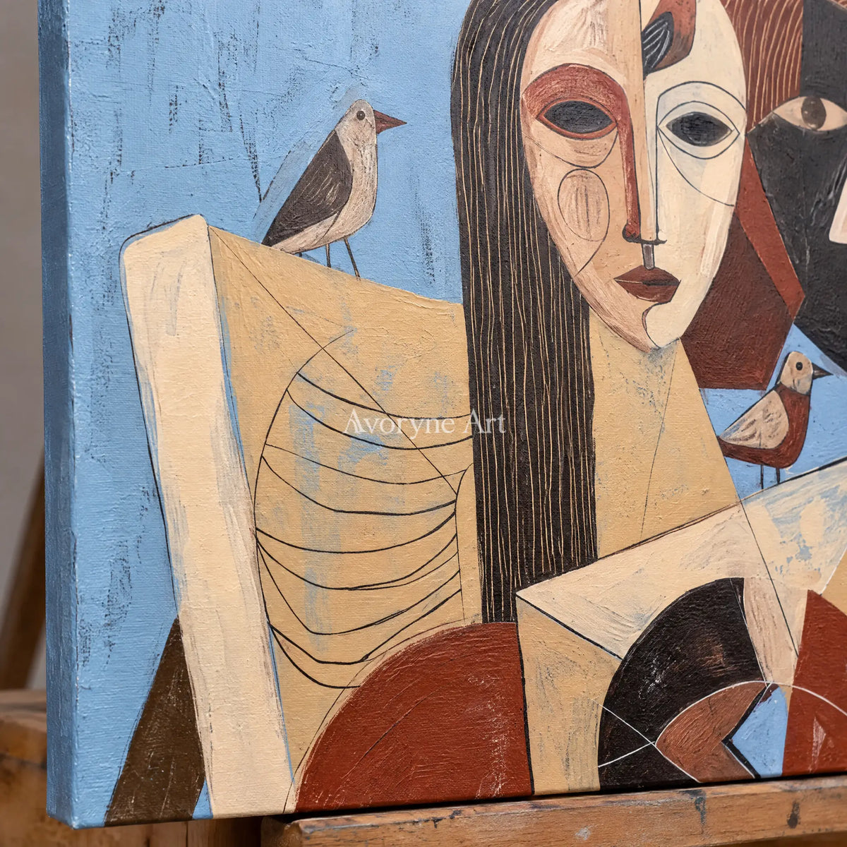 Close-up of the hand-painted texture of Faint Memory colorful figure wall art on an easel