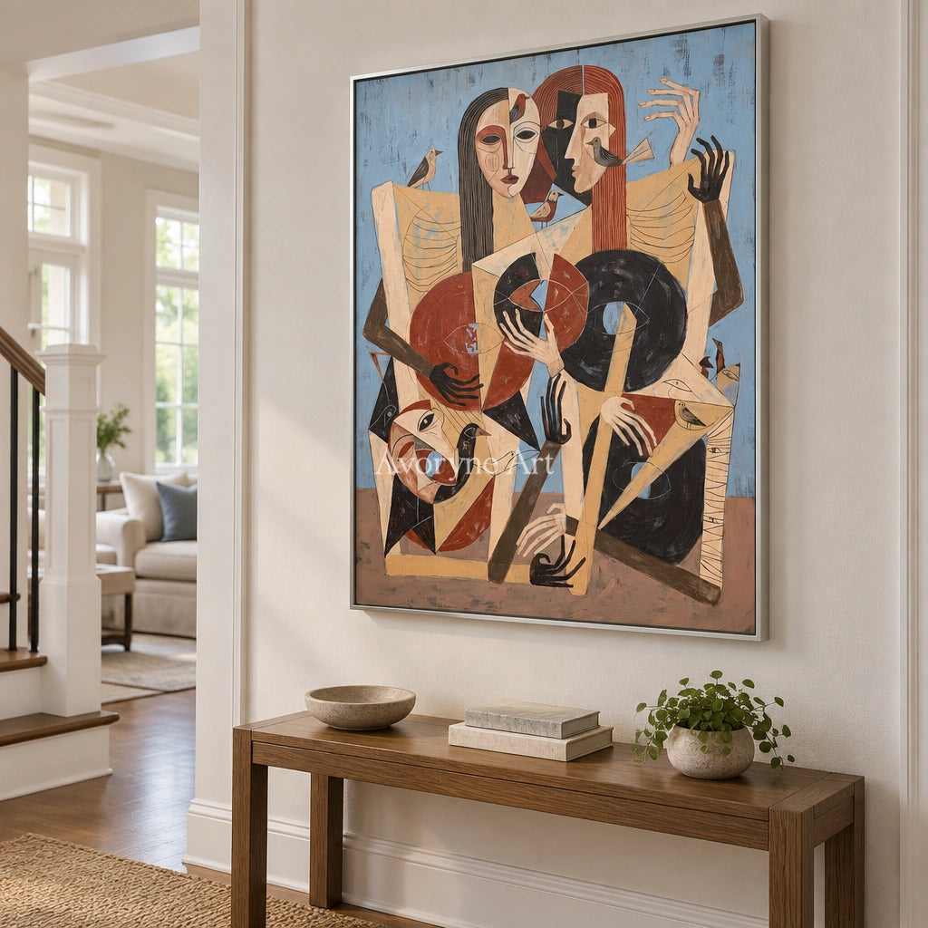 Faint Memory colorful figure wall art with a silver frame in an entryway