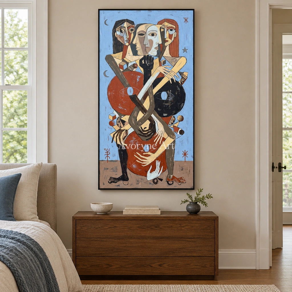 Faint Prelude colorful figure wall art with a black frame above a bed in a bedroom