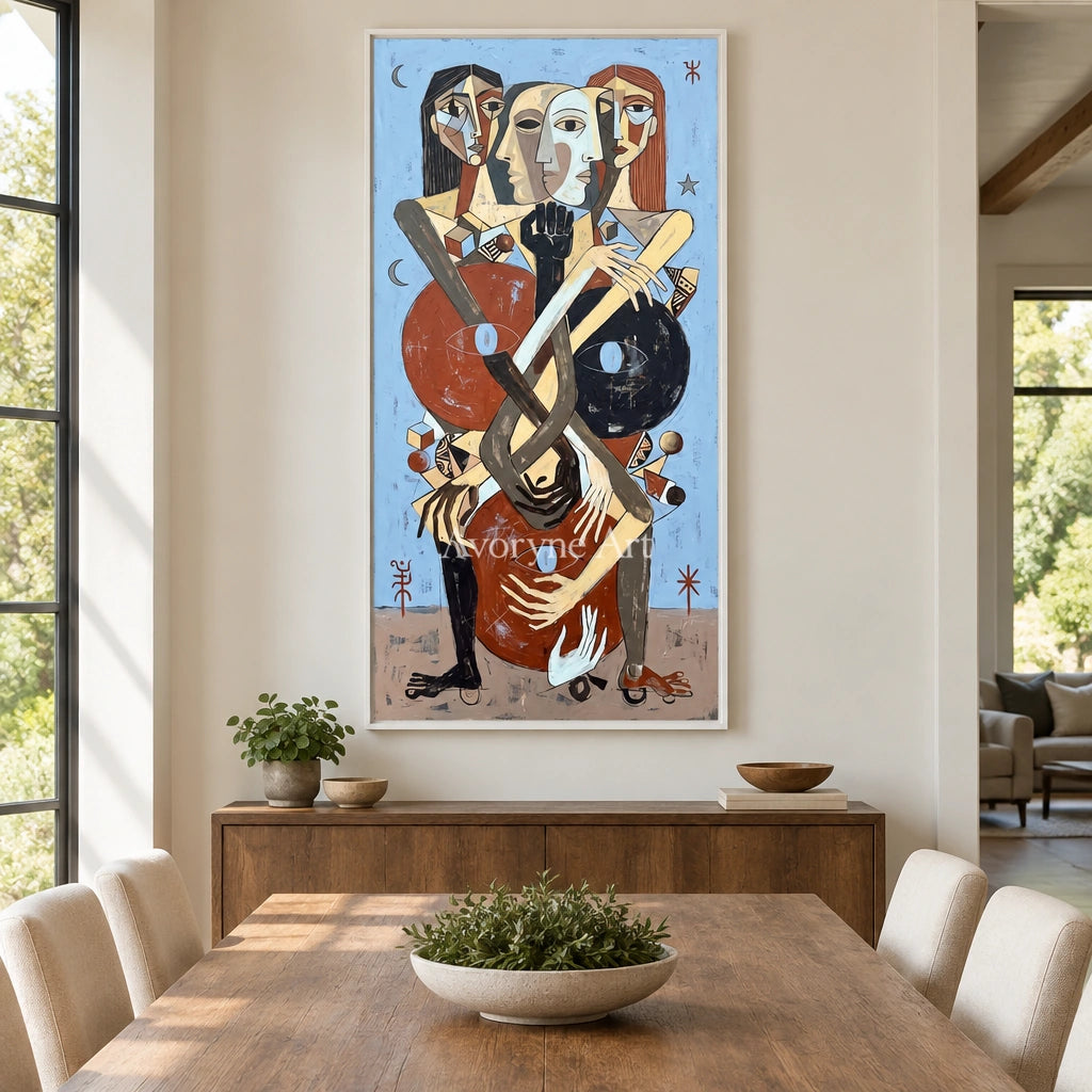 Faint Prelude colorful figure wall art with a white frame in a dining room