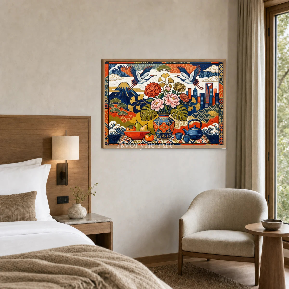 Festival Cabinet: Colorful Flower Vase and Crane Wall Art — hotel wood