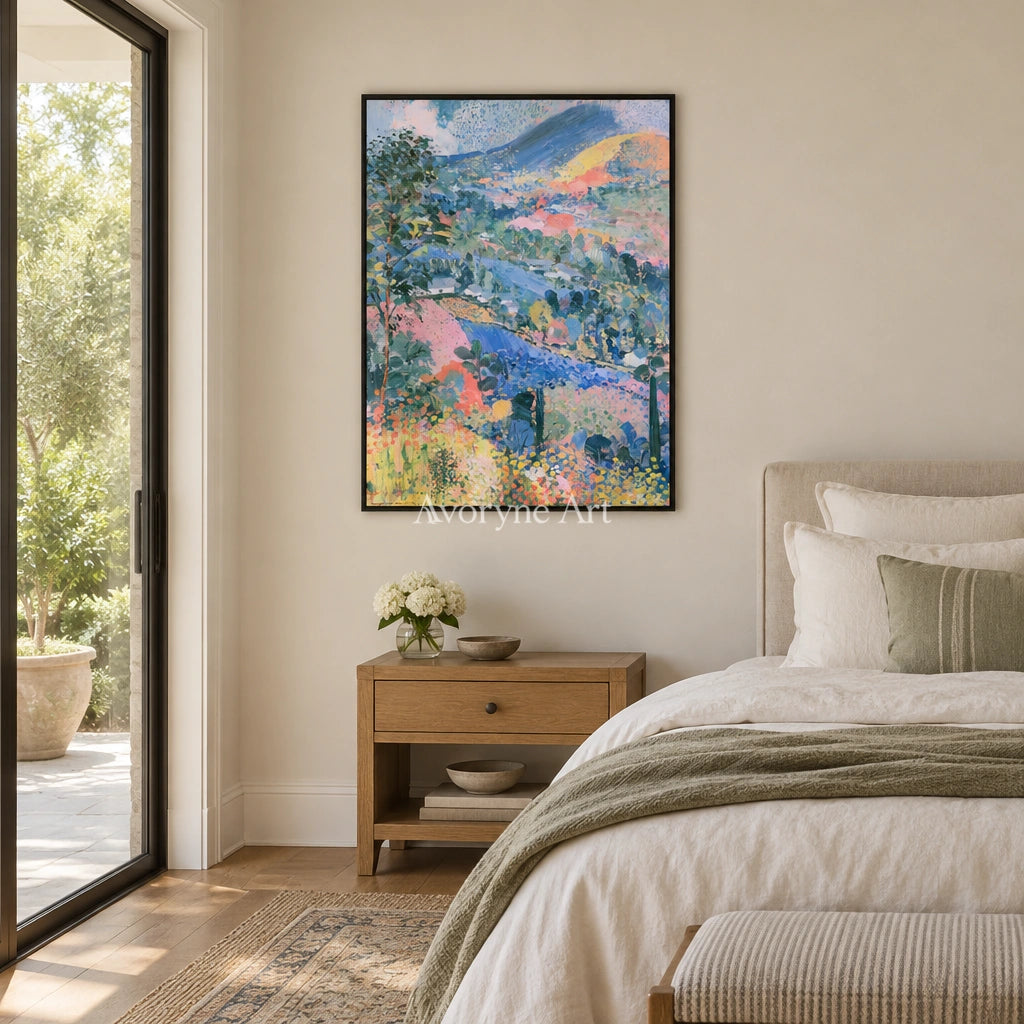 Ivory Winding Verse: Colorful Hillside Art — bedroom black