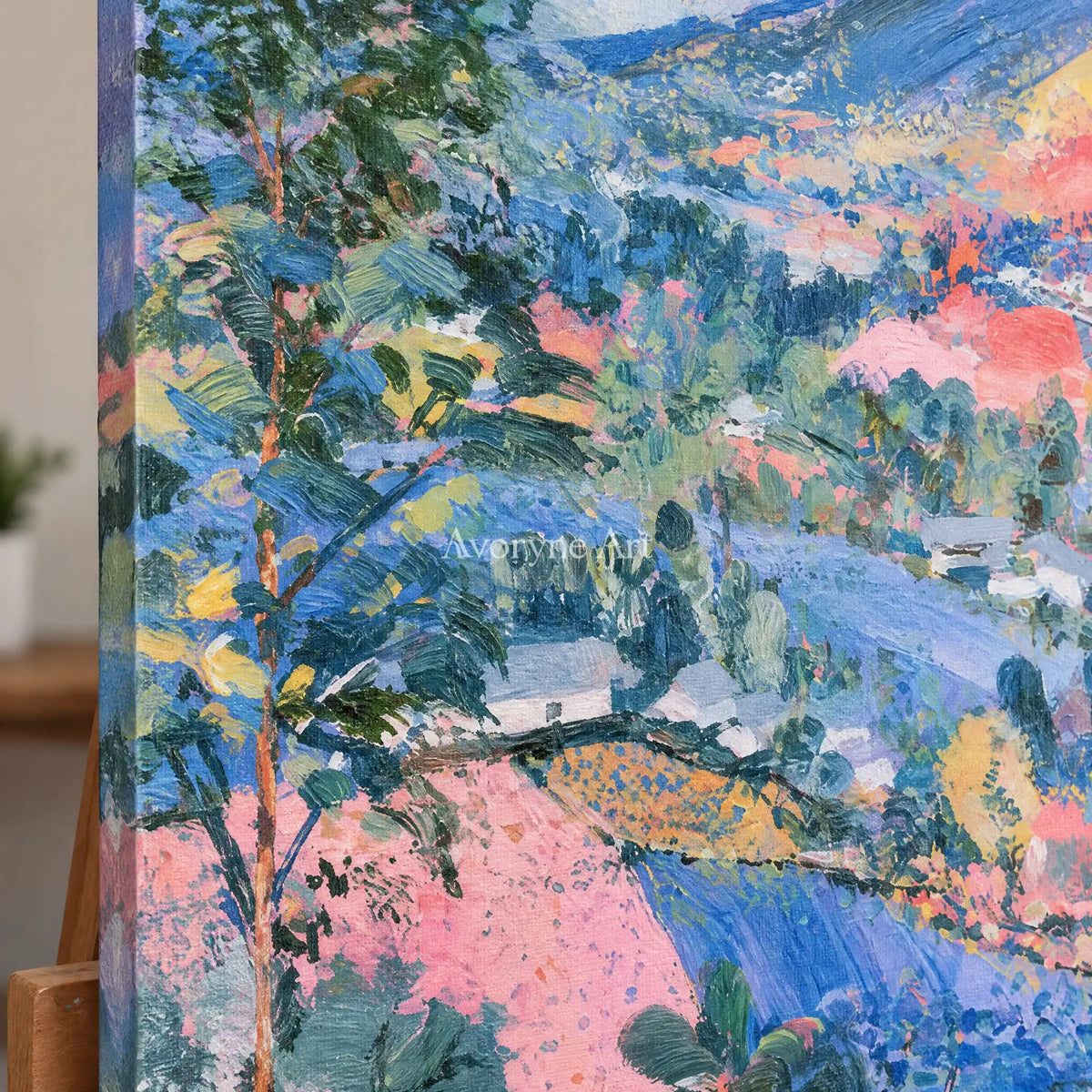 Ivory Winding Verse: Colorful Hillside Art — detail easel