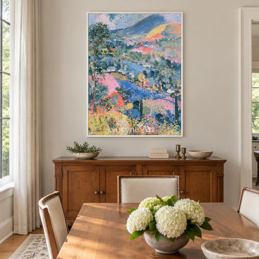 Ivory Winding Verse: Colorful Hillside Art — dining white