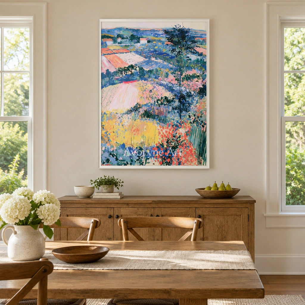 Ivory Winding Cadence: Colorful Hillside Art — dining white
