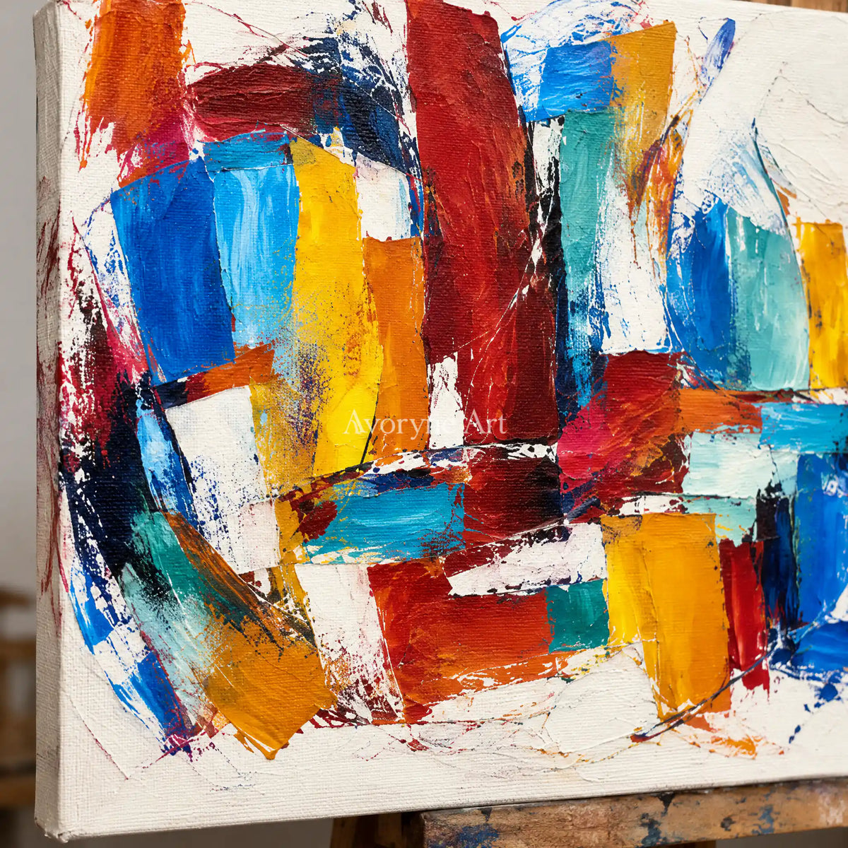 Bright Interplay: Colorful Knife Abstract Wall Art — detail easel
