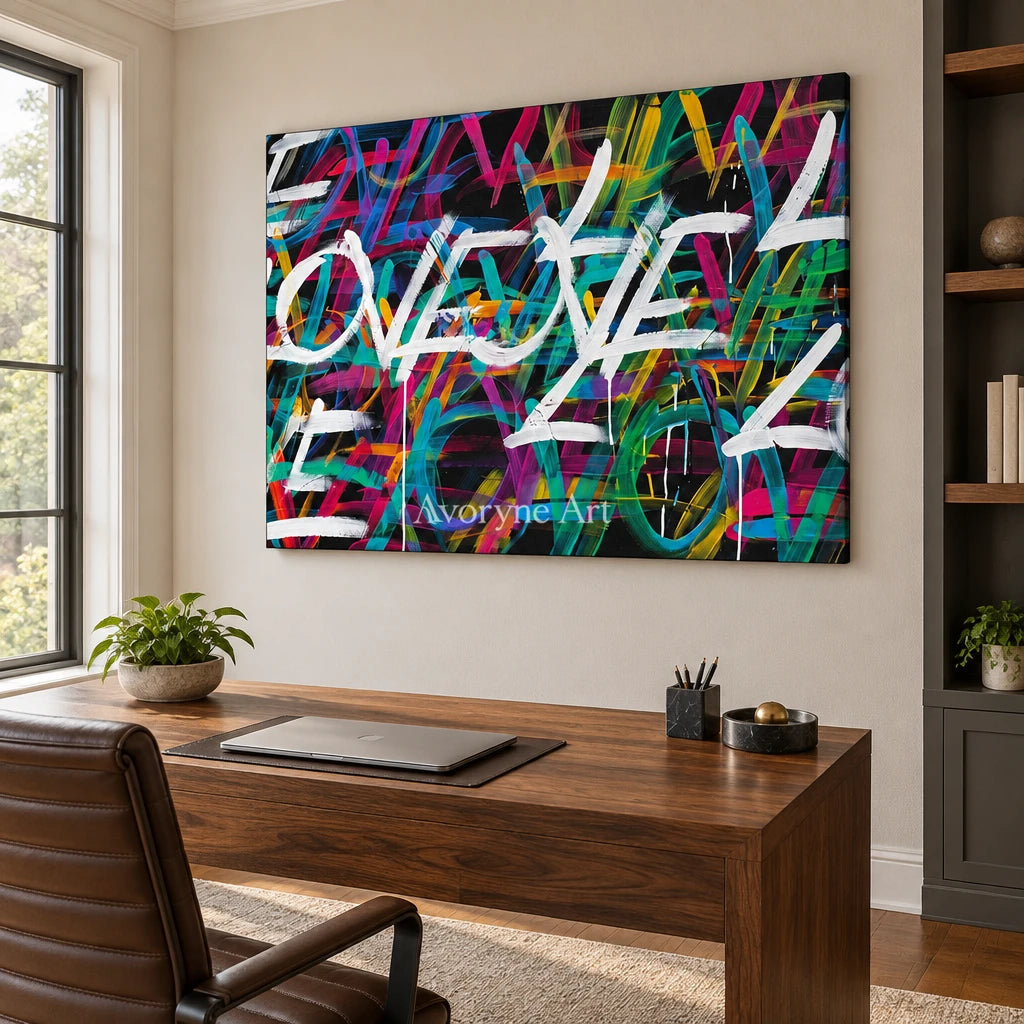 Hidden Verse colorful love wall art as a frameless stretched canvas in a home office