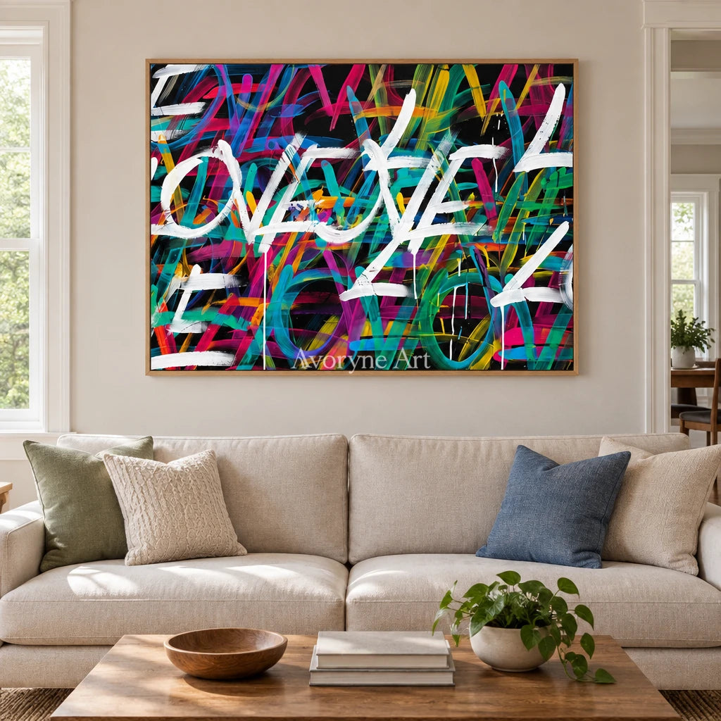 Hidden Verse colorful love wall art with a wood frame in a villa living space