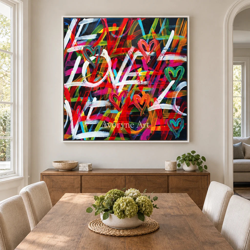 Hidden Memory colorful love wall art with a white frame in a dining room