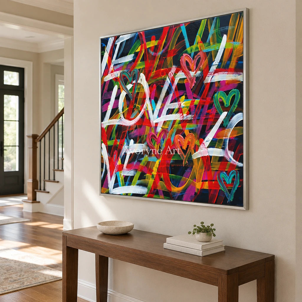 Hidden Memory colorful love wall art with a silver frame in an entryway