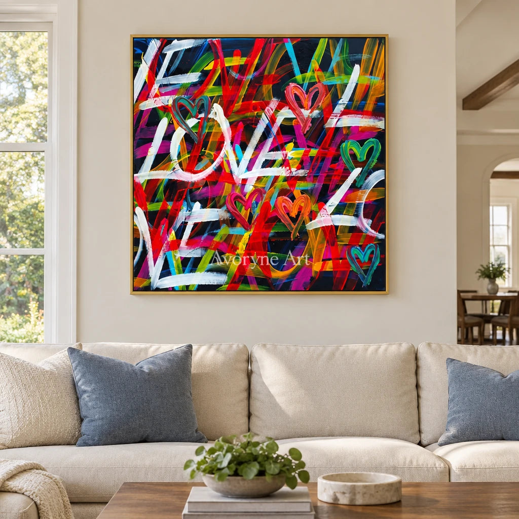 Hidden Memory colorful love wall art with a gold frame hanging in a living room