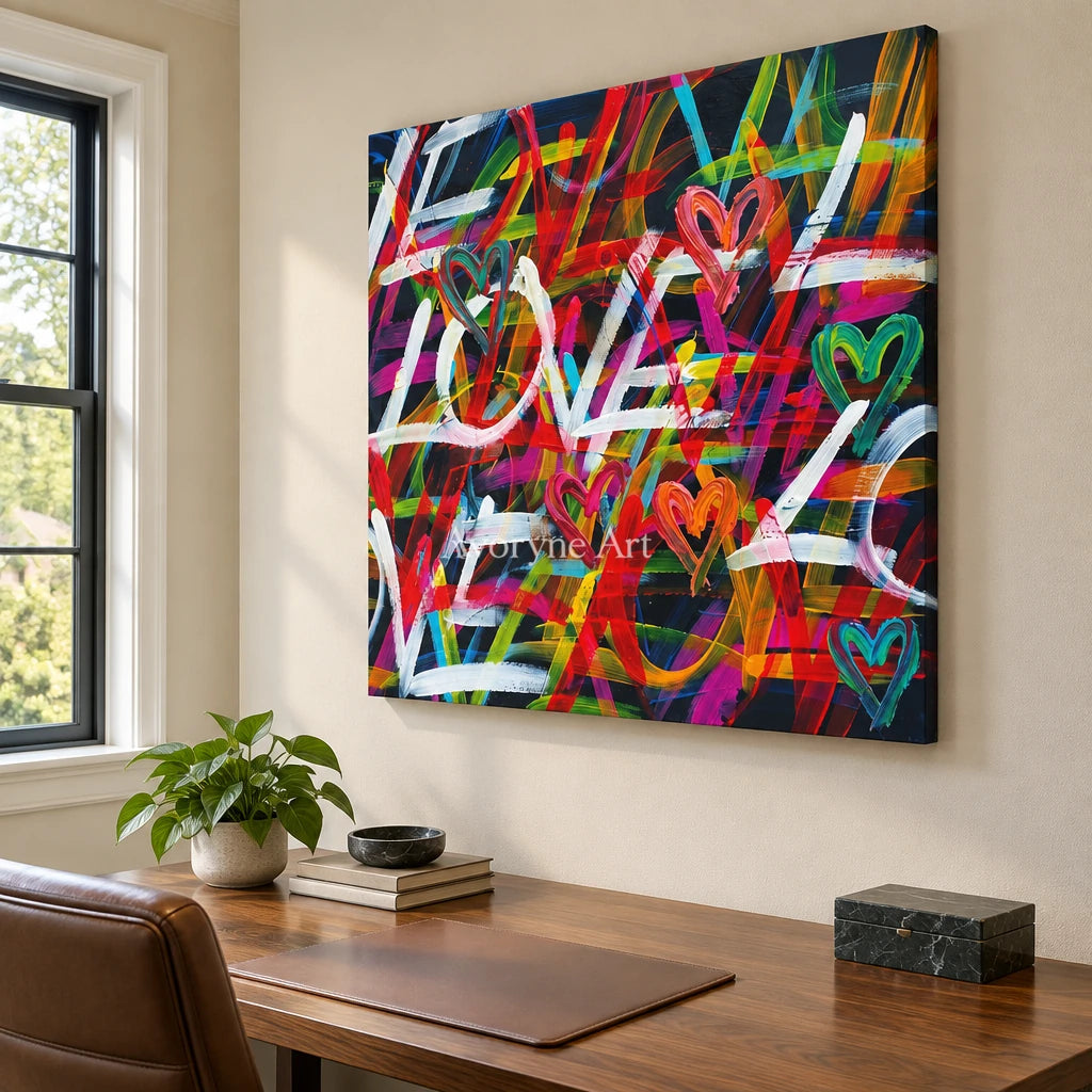 Hidden Memory colorful love wall art as a frameless stretched canvas in a home office