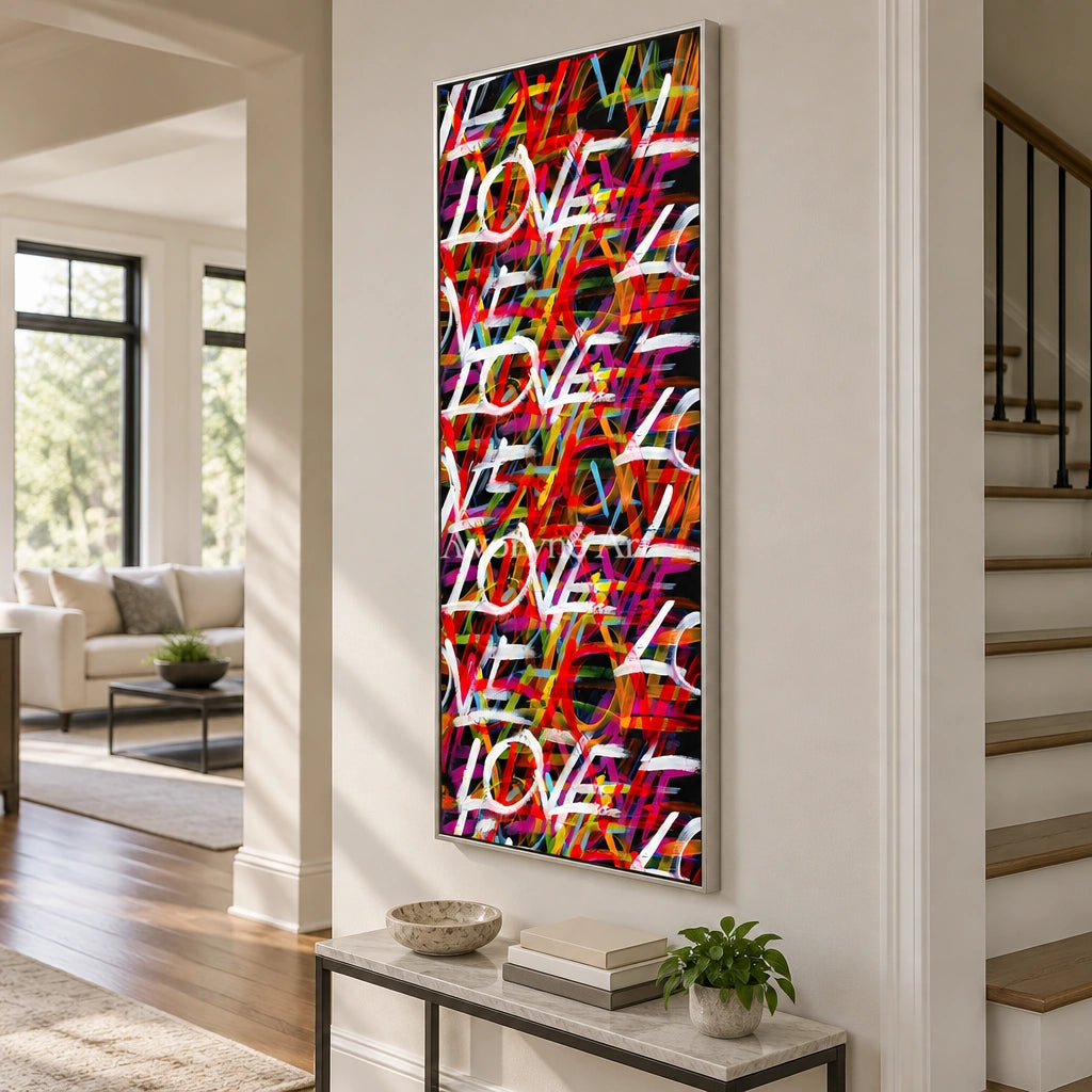 Hidden Story colorful love wall art with a silver frame in an entryway