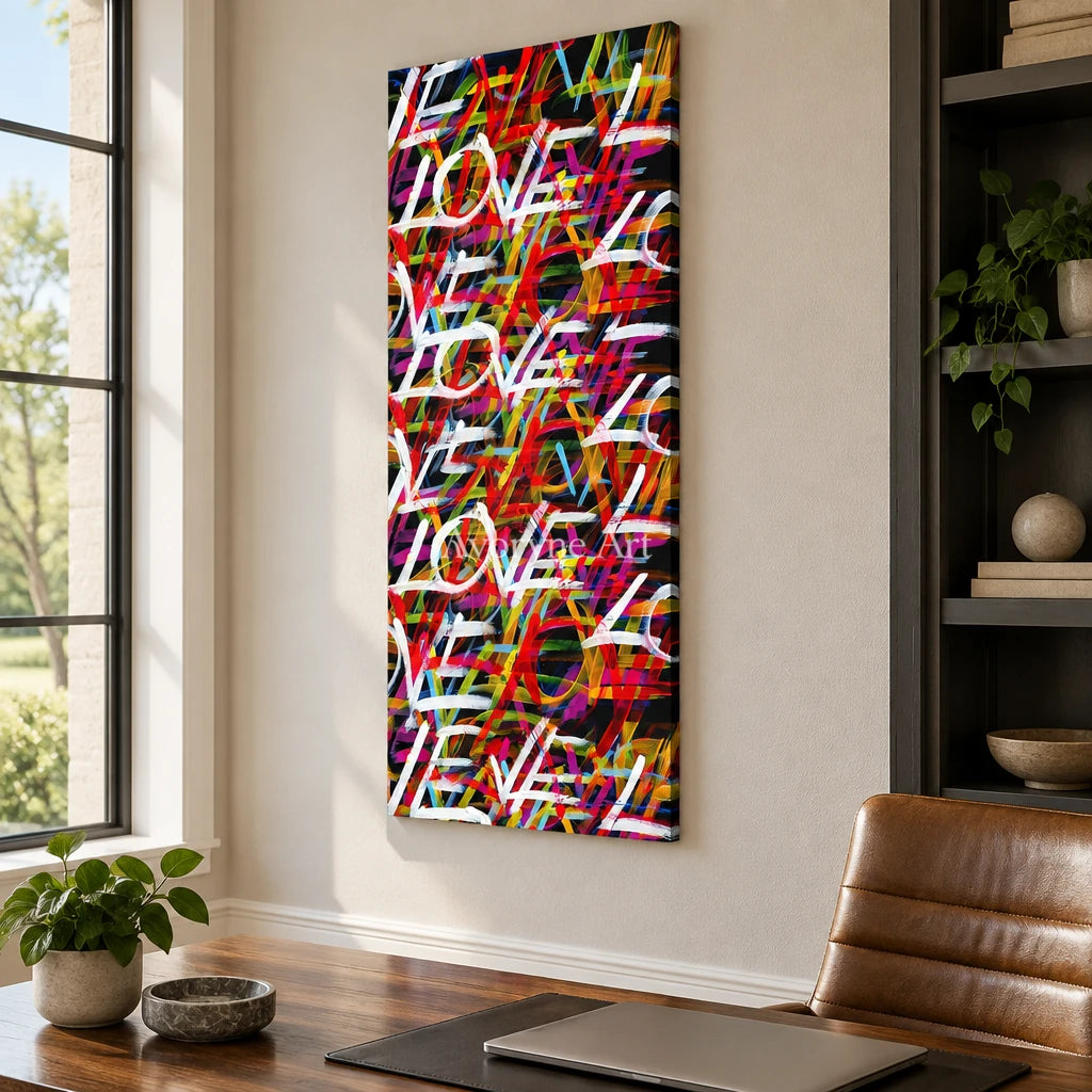 Hidden Story colorful love wall art as a frameless stretched canvas in a home office